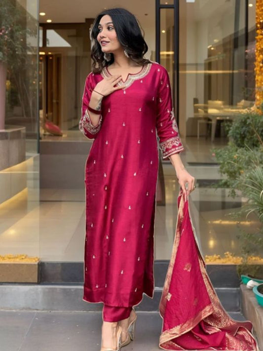 Maroon Color Designer Partywear Roman Silk Fabric Embroidered Suit