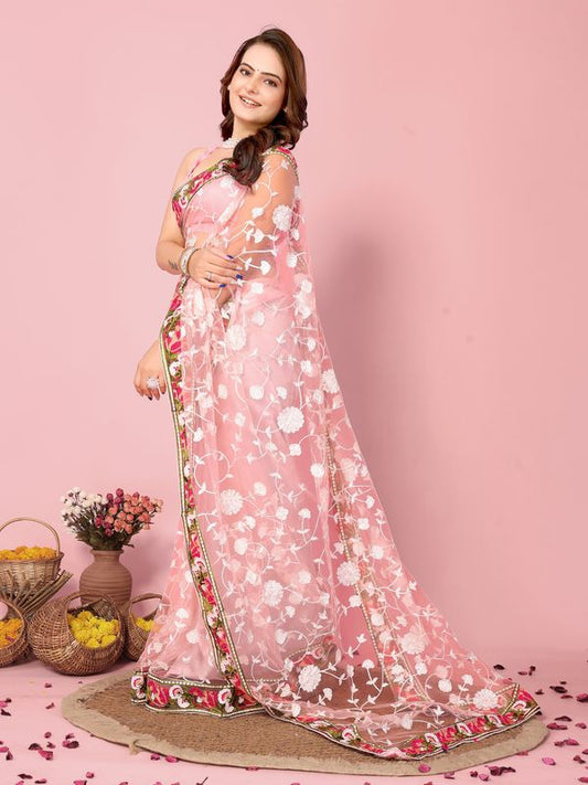 Pink Multy Thread Embroidery Work Soft Net Saree