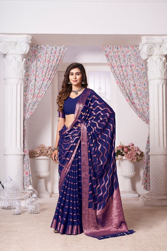 Blue Georgette Leheriya Saree With Tassels on Pallu and Stitched Blue Blouse