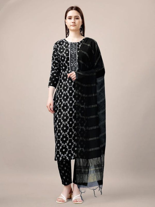 Black Color Rayon Fabric Designer Printed Readymade Suits With Smart Embroidery Work