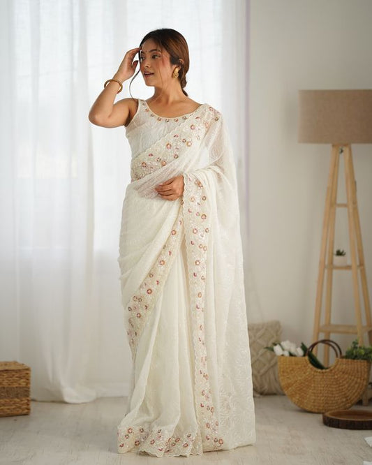 White Georgette Coding And Sequins Embroidery Work Trendy Ceremonial Saree