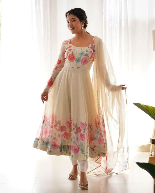 Cream Soft Organza Silk With Floral Print Fully Flared Anarkali Pant With Dupatta Set