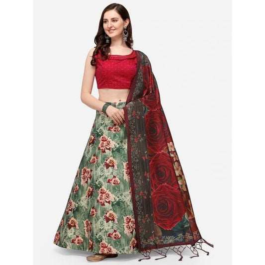 Digital Print Satin Silk Fabric Stitched Lehenga Choli With Jequared Blouse and Assami Silk Thread Work Dupatta For Women and Girls In Festive Party And Traditional Wear