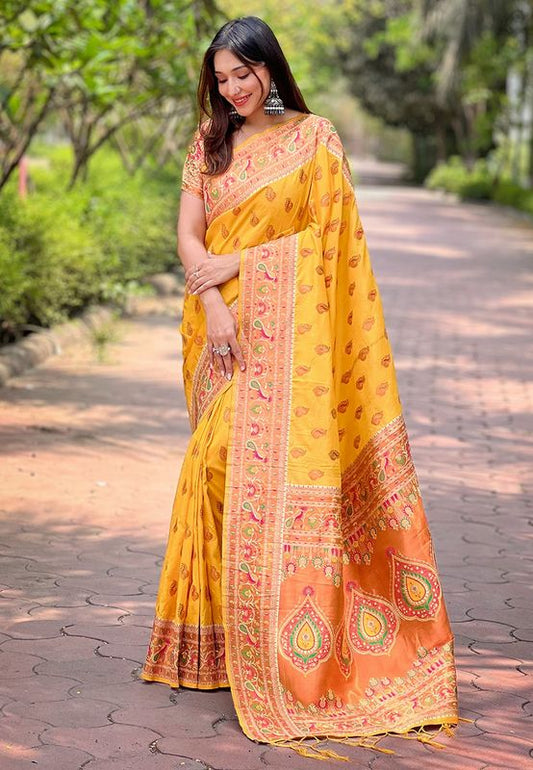 Yellow Paithani Silk Wevon Paithani Designer Glamorous Ceremonial Rich Saree