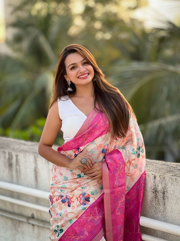 Pink Color Tussar Silk Ethnic Wevon Jari Designer With Kalamkari Printed Saree