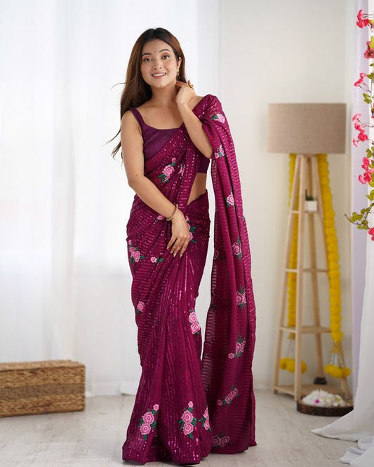 Wine Thread & Sequance Embroidery Work Georgette Saree