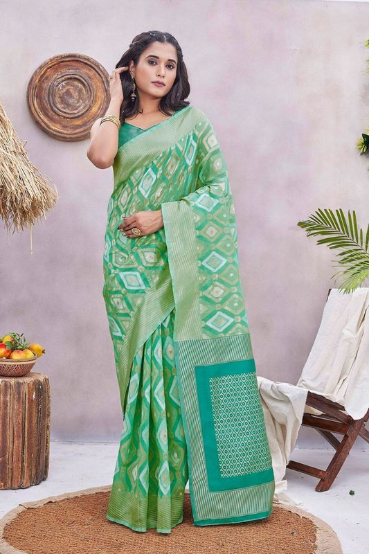 Pista Color Glamorous Wevon Jacquard Designer Silk Blend Wedding Season Saree