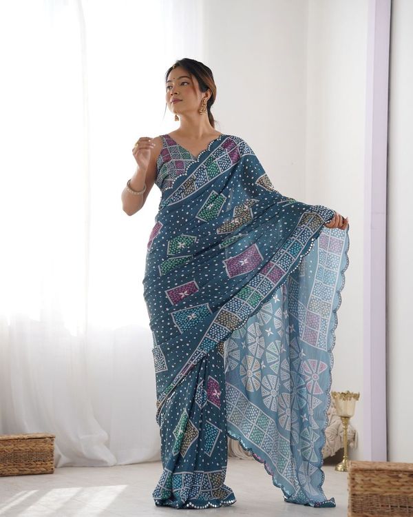 Green Designer Digital Printed & Mirror Cut Work Chinon Saree