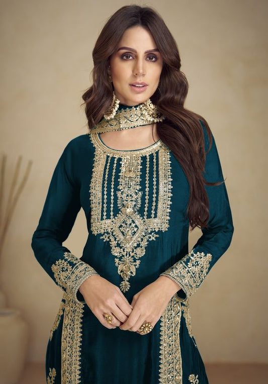 Rama Color Georgette Fabric Heavy Embroidered Zari Work Wedding Wear Salwar Kameez