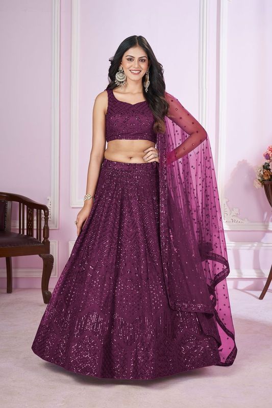 Purple Women's Soft Net Embroidery Lehenga Choli