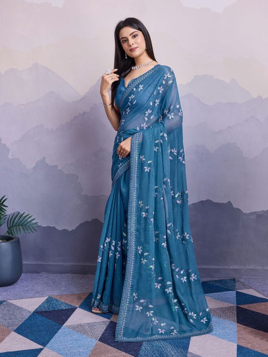 Cyan Blue Shimmer Chiffon Designer Sequance Embroidery Work Heavy Partywear Trendy Fashion Saree