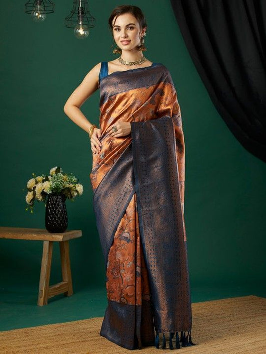 Peach Banarasi Woven Saree With Tassels on Pallu and Stitched Teal Blouse