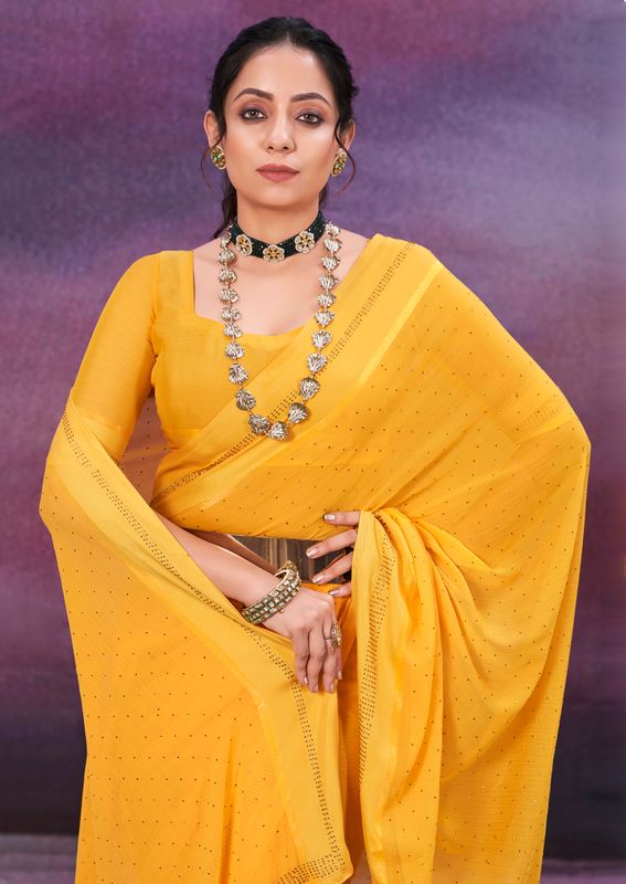 Bee Yellow Wevon Patta Designer With Swarovski Work Chiffon Saree