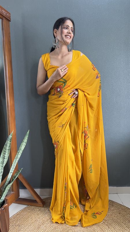 Mustard Color Faux Georgette Ready To Wear Designer Hand Printed Saree