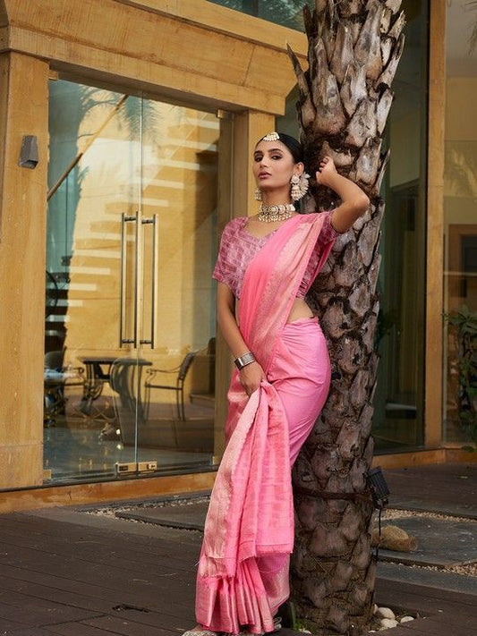 Pink Crepe Woven Saree and Stitched Pink Blouse