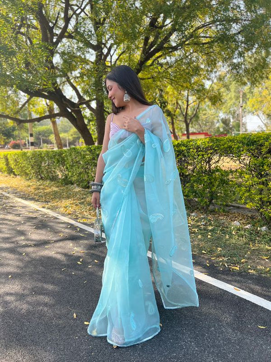 Sky Blue Designer Gota & Thread Embroidery Work Organza Saree