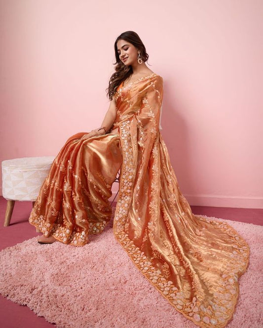 Orange Designer Sequance Embroidery Work Burberry Silk Saree