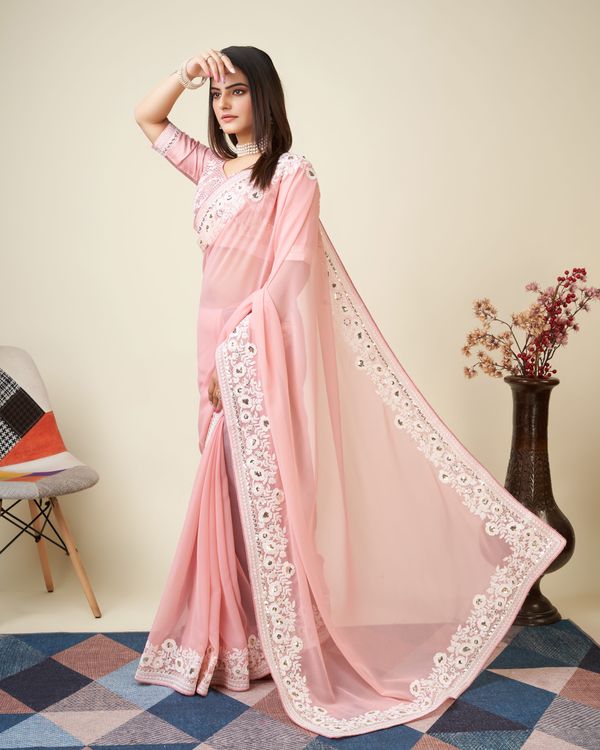 Pink Designer Embroidery Work Georgette Saree
