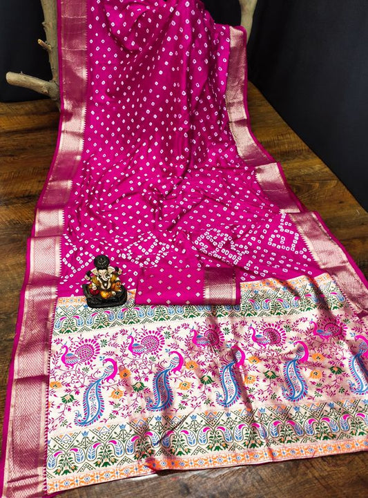 Pink Dola Silk Wevon Pallu Border Designer Saree With Traditional Bandhej Printed