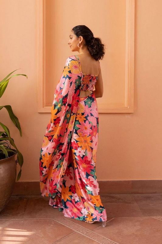 Pink Color Beautiful Designer Nylon Japan Satin Fabric Trendy Girlie Saree