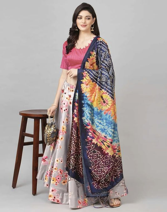 Digital Print Satin Silk Fabric Stitched Lehenga Choli With Jequared Blouse and Assami Silk Thread Work Dupatta For Women and Girls In Festive Party And Traditional Wear