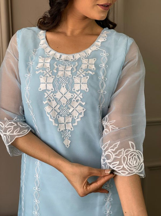 Blue Organza Straight Kurta