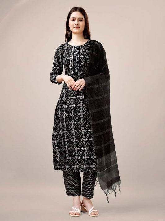 Black Color Rayon Fabric Designer Printed Readymade Suits With Smart Embroidery Work