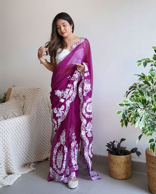 Purple Color Thai Organza Silk Fancy Thread Embroidery With Cut Dana Work Saree