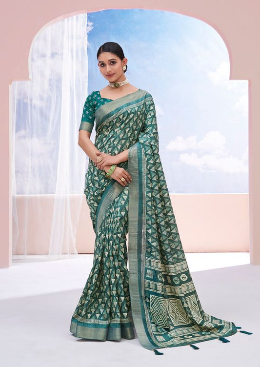 Mineral Green Wevon Border Designer With Printed Dolla Silk Saree