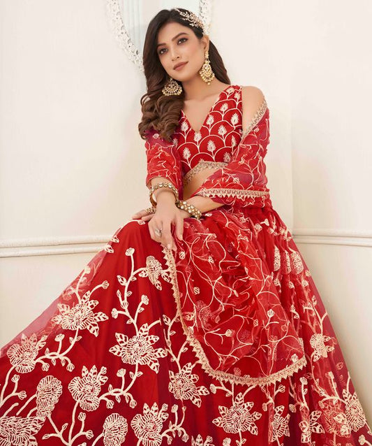 Red Color Net With Sequins And Thread Embroidery Work -Stitched Lehenga & Unstitched Blouse With Dupatta