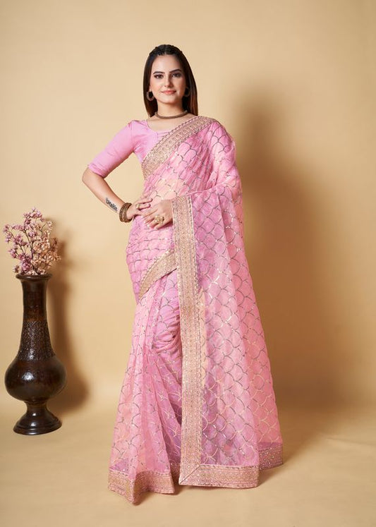 Pink Designer Sequance Embroidery Work Organza Saree