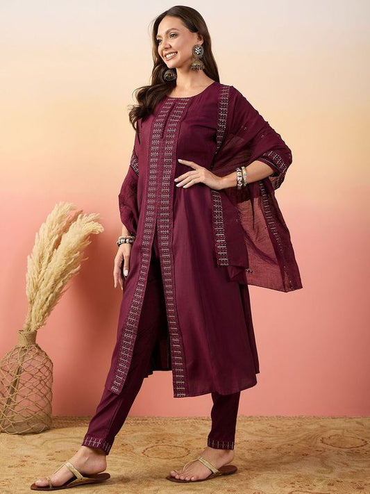 Maroon Color Beautiful Woven Silk Readymade Suit with Festive Thread Embroidery Work