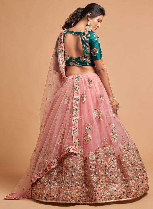 Peach and Green Women's Soft Net Embroidery Lehenga Choli