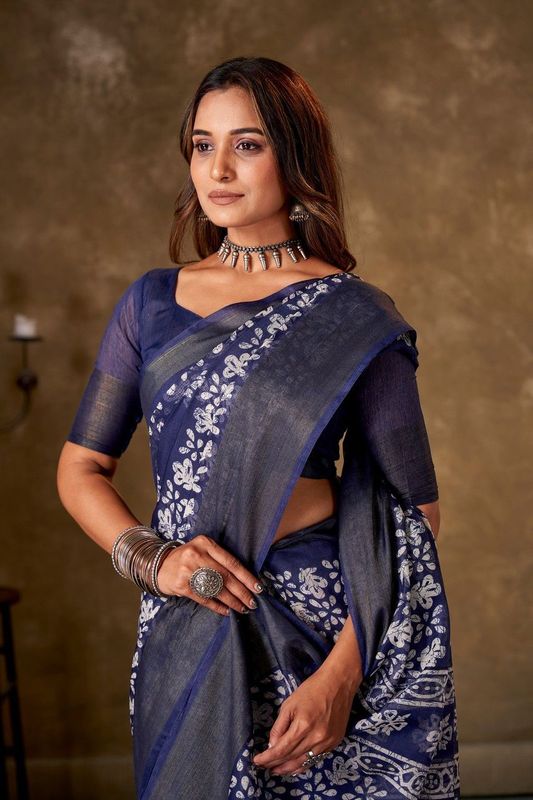 Navy Blue Cotton Printed Saree and Stitched Navy Blue Blouse