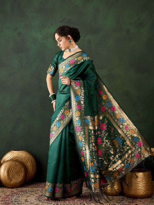 Green Silk Wevon Jacquard Designer Traditional Rich Saree