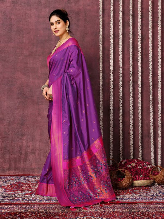 Purple Wevon Jari Designer Work Silk Blend Saree