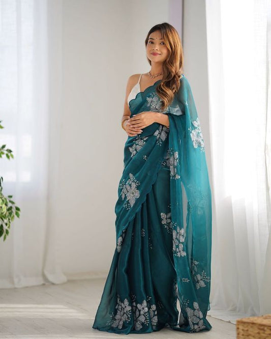 Rama Color Bollywood Style Designer Sequance Embroidery Work Jimmy Choo Saree