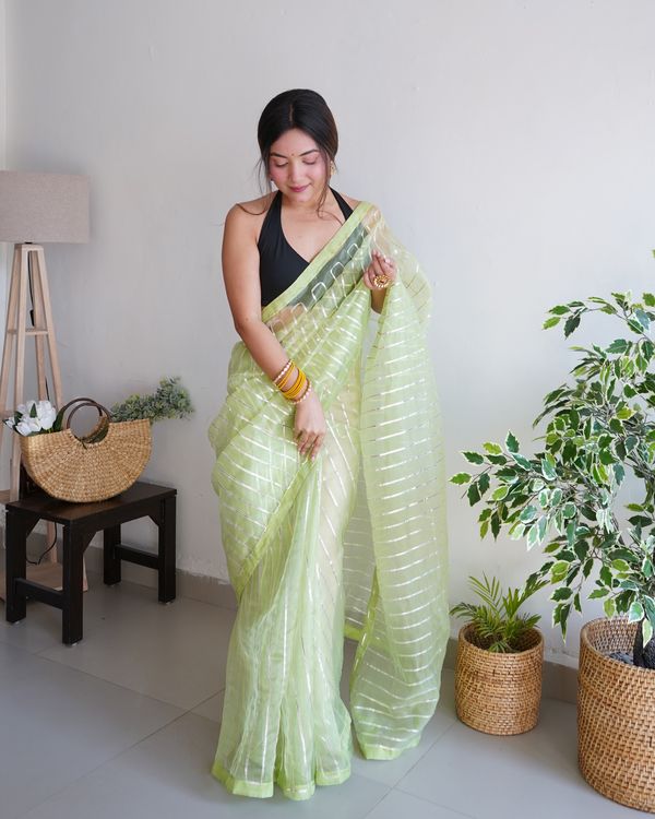 Green Silver Gota Embroidery Work Organza Saree