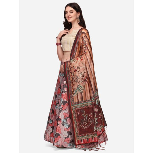 Digital Print Satin Silk Fabric Stitched Lehenga Choli With Jequared Blouse and Assami Silk Thread Work Dupatta For Women and Girls In Festive Party And Traditional Wear