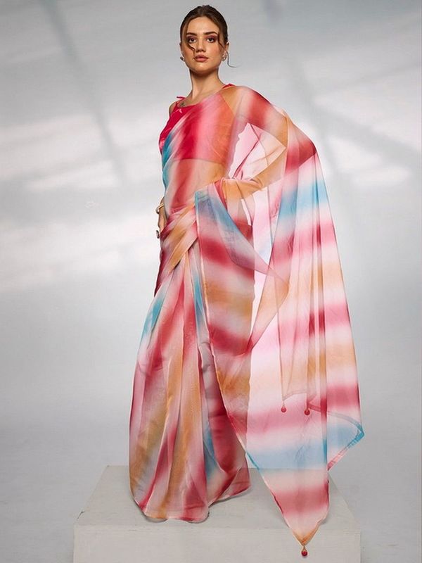 Multy Color Organza Fabric Designer Printed Graceful Bollywood Style Party Saree