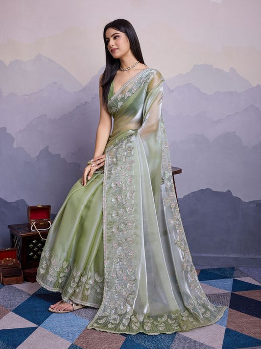 Pista Color Jimmi Silk Fabric Thread Sequins Embroidery Work Heavy Ceremonial Saree