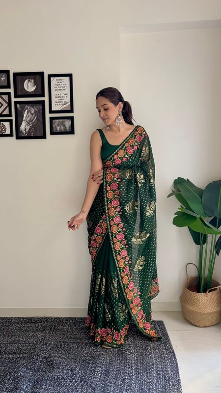 Green Georgette Bollywood Style Thread And Sequance Embroidery Work Girlie Saree