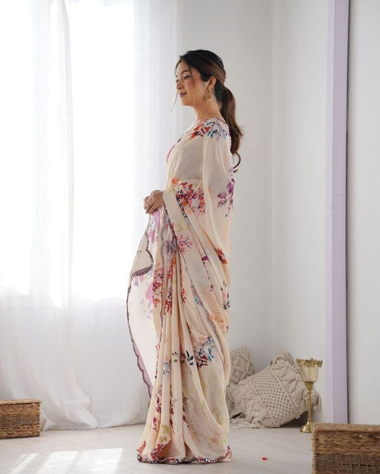 Peach Designer Digital Printed & Mirror Cut Work Chinon Saree