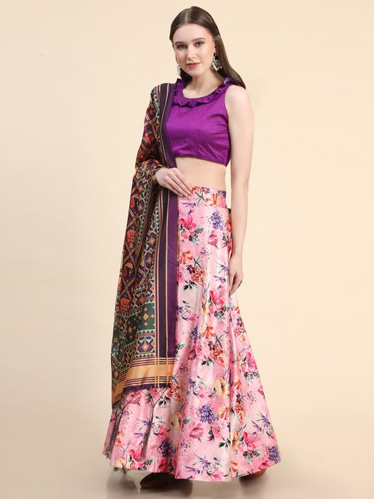 Digital Print Satin Silk Fabric Stitched Lehenga Choli With Jequared Blouse and Assami Silk Thread Work Dupatta For Women and Girls In Festive Party And Traditional Wear