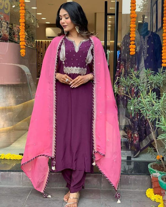 Dark Purple Embroidered Kurta Sets