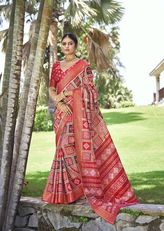 Red Wevon Border Designer With Printed Kalamkari Silk Saree