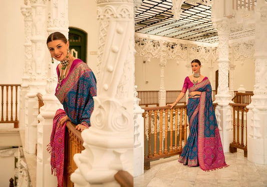 Royal Blue & Pink Weaving Patola Designer Banarasi Silk Saree