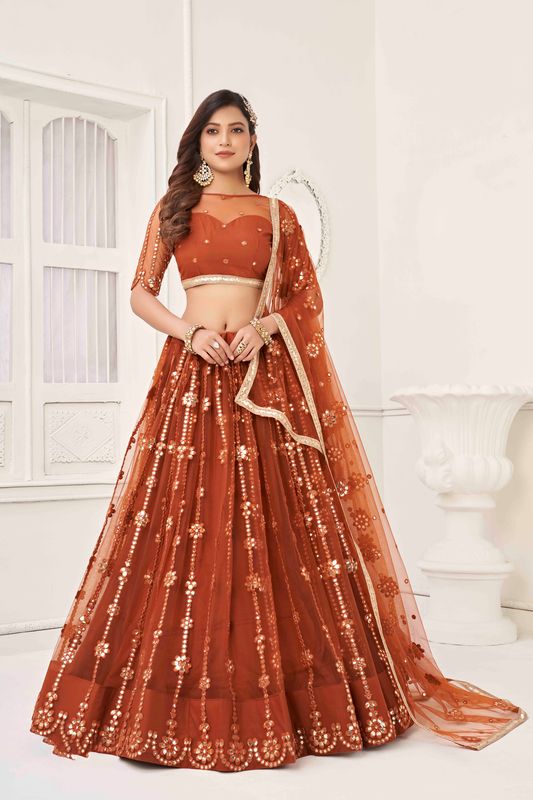 Brown Color Net With Sequins And Thread Embroidery Work -Stitched Lehenga & Unstitched Blouse With Dupatta