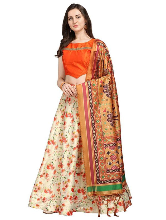 Bandhni Patola Type Digital Print Shiney Satin Croptop Lehenga Choli With Blouse For Women and Girls