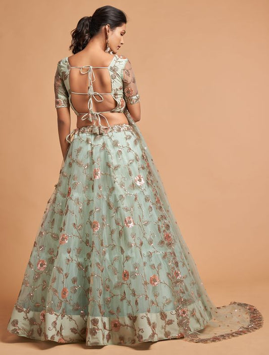 Sky Blue Women's Soft Net Embroidery Lehenga Choli